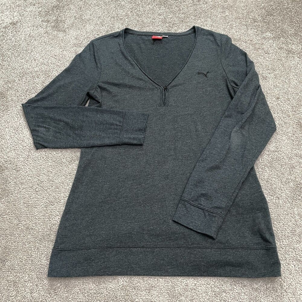 Puma Sports Lifestyle Long Sleeve Shirt Womens Medium Dark Gray V-Neck Casual